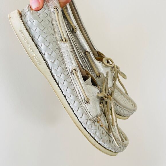 Sperry Top Sider Leather Loafers Woven Silver 9 - Picture 2 of 10